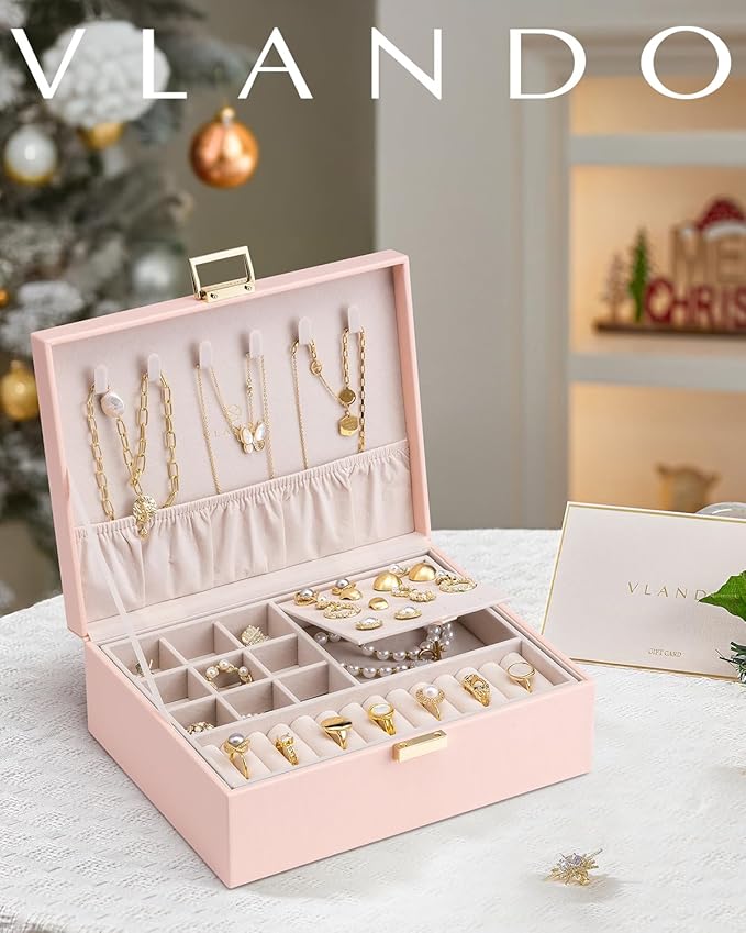 Vlando 2 Layer Jewelry Box Large Jewelry Organizer for Women Removable Jewelery Tray for Necklace Earrings Rings Bracelets Jewelry Boxes Gifts for Women (Pink)