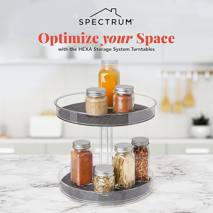 Spectrum 2 Tier Lazy Susan Hexa Kitchen Organizer Charcoal Gray Two Shelf Spinning Rotating Turntable for Deep Cabinet Countertop Refrigerator Pantry Table Under Sink Spice Rack Storage 9.25 Inch