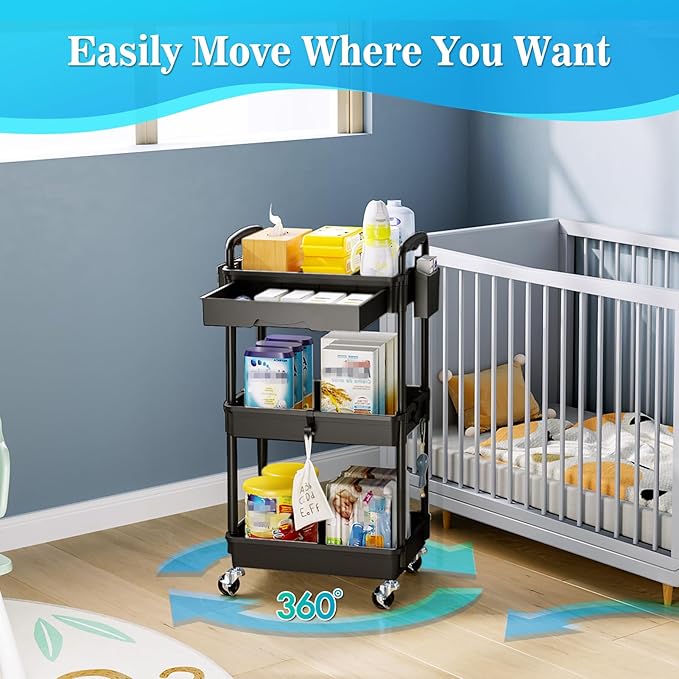 3 Tier Rolling Storage Carts with Removable Drawers, Lockable Wheels, Hooks & Cup Holders â Easy Assembly Storage Organizer for Kitchen, Bathroom, Office, Craft Room, Makeup, Black