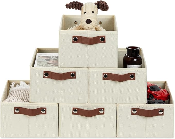 HNZIGE Fabric Small Baskets for Organizing, 6 PCS Storage Organizer Bins for Shelves, Small Bins for clothes with Handles, Shelf Closet Storage Bins for Organizer Home, Office(Cream,11.8 x 7.8 x 5.1)