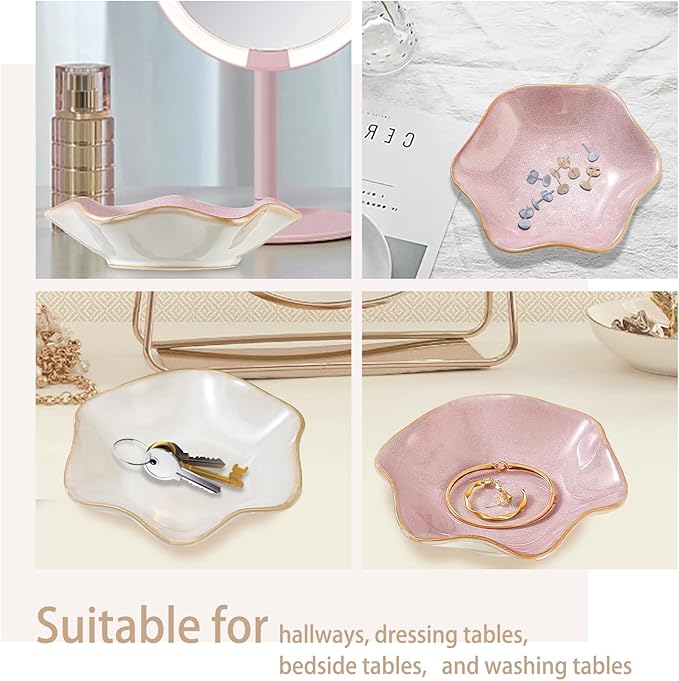 Ceramic Jewelry Dish,Ring Dish,Trinket Tray,Jewelry Tray,Key Bowl Pink Room Decor Bathroom Home Decor Gifts for Women Mom Sister Coworker Friend Bride(5.5 in Pink)