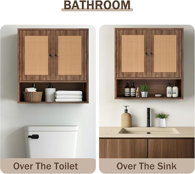 Wall Mounted Cabinet with Rattan Double Doors, 3-Tier Storage for Bathroom Over Toilet, Floating Shelf for Towels & Decor, Boho Medicine Cabinet for Kitchen, Dining Room, 23.23 x 7.68 x 24 in