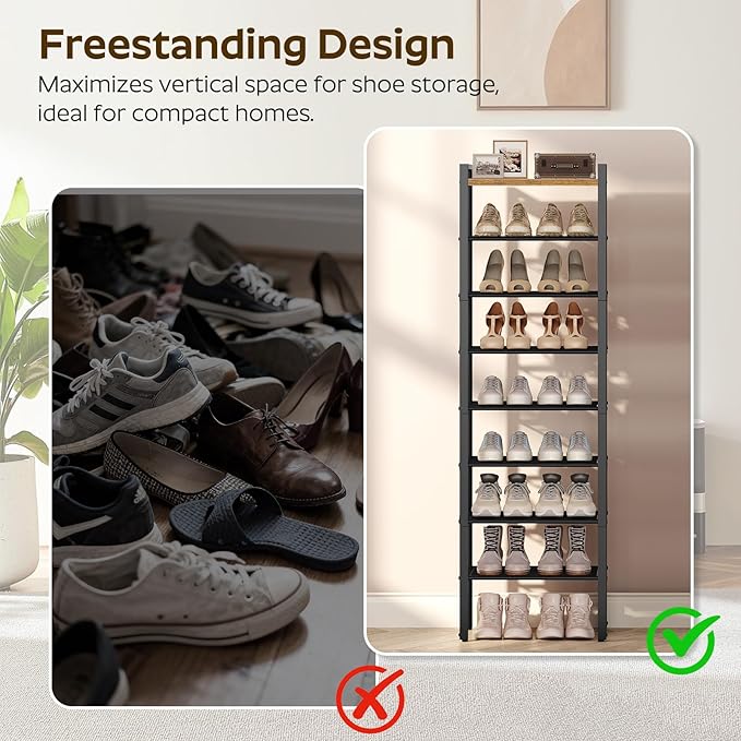 8-Tier Narrow Shoe Rack, Tall Shoe Rack for 8-16 Pairs, Slim Shoe Storage Organizer with Wooden Top, Space Saving, Metal Frame, for Entryway, Rustic Brown and Black SS608BR