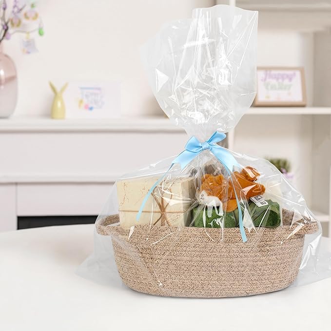Brown Variegated Small Woven Basket, 13â x 9â x 5â Baskets for Gifts Empty, Cotton Rope Gift Basket, Cute Nursery Baby Organizer, Cat Dog Toy Bin Box, Wicker Storage Bin with Handle