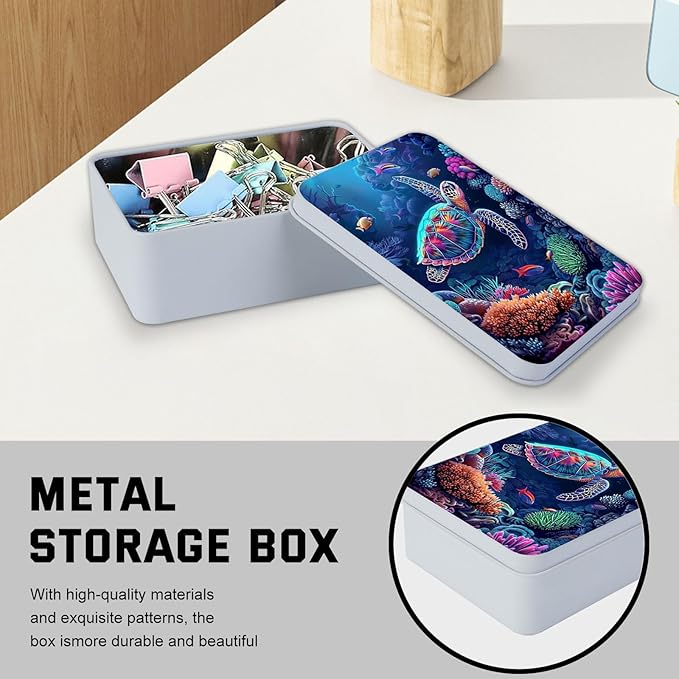Metal Tin Box with Lid for Game Cards Home Organizer Candles Keys Crafts Storage - Equipped with 4 Magnetic Cord Clips，Sea Turtle
