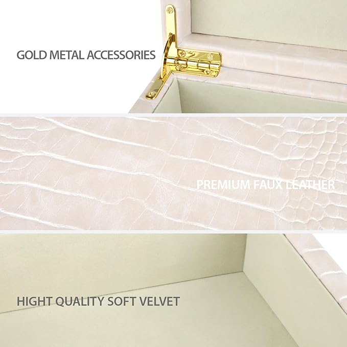 HofferRuffer Square Decorative Boxes, Set of 2 Nesting Storage Memory Keepsake Boxes with Lids, Stylish PU Leather Trinket Jewelry Organizer Box for Home Decor and Storage (CreamWhite Croco)