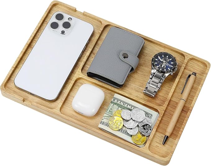 MultiBey Rubber Wood Valet Tray - Wooden Nightstand Organizer for Men Women, 4 Slot Desk Drawer Organizer Tray, EDC Catch All Tray with Cable Slot for Phone Watch Wallet Key Jewelry