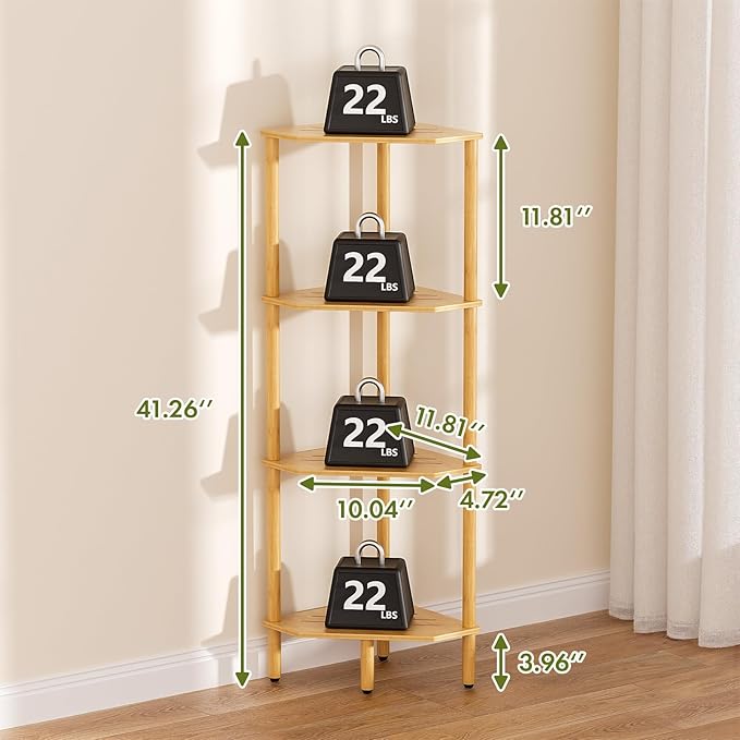 Corner Shelf Stand, 4 Tier Bamboo Corner Bookshelf, Narrow Tall Bookcase, Corner Shower Caddy, Open Storage Shelves, Plant Display Shelf, for Living Room, Kitchen, Office, Balcony, Bathroom