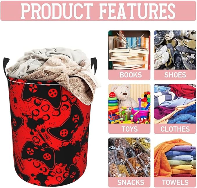 Game Joysticks Red Background Round Laundry Hamper Storage Basket Toys Clothes Organizer Bin For Home Bathroom Bedroom Dorm Nursery, 62l