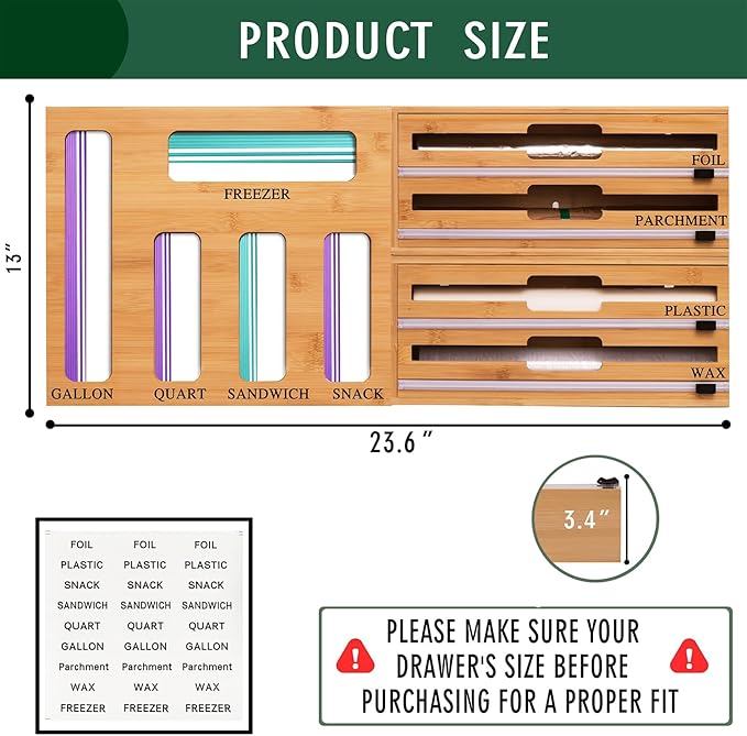 9 In 1 Storage Bag Organizer And Plastic Wrap Dispenser With Cutter, Bamboo Foil and Plastic Wrap Organizer
