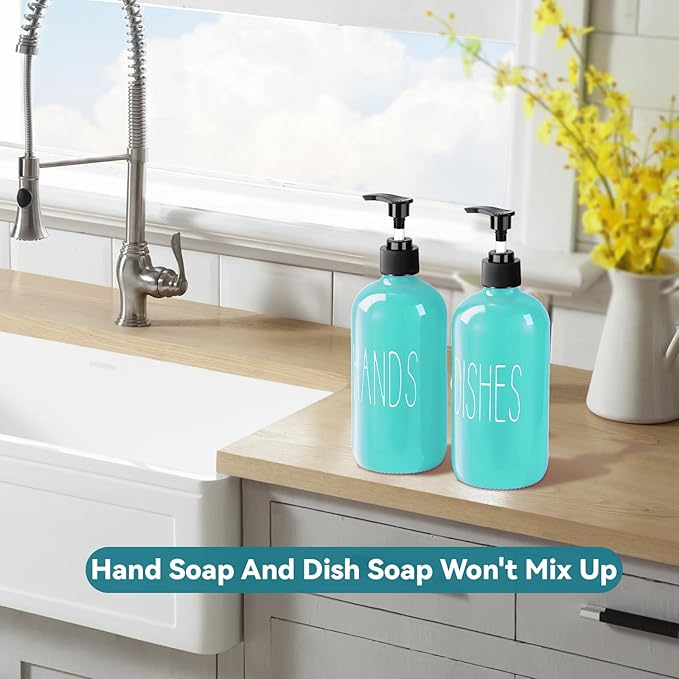 Glass Soap Dispenser Set 2 Pack,16 Oz Dish Soap Dispenser for Kitchen Sink,Teal Kitchen Accessories and Kitchen Decor,Turquoise Decorations and Kitchen Utensils for Kitchen