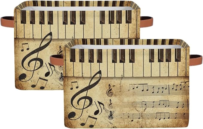 AUUXVA Vintage Storage Baskets Music Note Storage Bins Piano Key Storage Cube Box Collapsible Canvas Book Basket Organizer Bin with Handles for Shelf Closet Bedroom Home Office, 2 Pcs