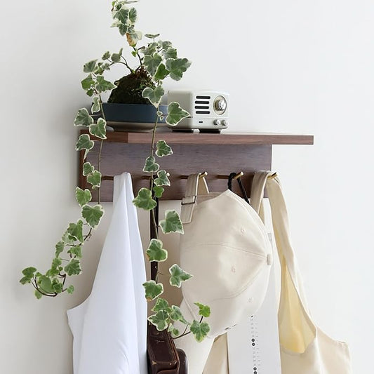 5-Hook Wall Mounted Coat Rack with Storage Shelf - Multi-Functional Key & Jacket Hanger for Entryway, Walnut Finish, Style D-1