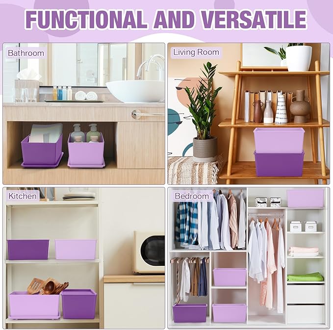 Menkxi 6 Pcs Storage Bins with Lids Small Plastic Storage Containers Stackable Storing Baskets Box Cute Organizer Bins for Organizing Shelves (Purple Series)