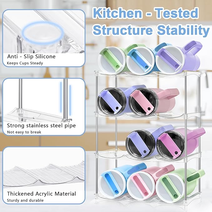 Stackable Water Bottle Organizer - Large Compartment Stanley Cup Holder, Water Bottle Holder for Stanley Tumbler 40oz, Tumbler Organizer Kitchen Pantry Organization and Storage, 4 Tier Storage Rack