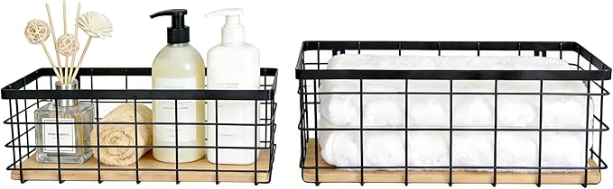 Metal Wire Basket Detachable Wood Base Storage Organizer Farmhouse Hanging Basket for Kitchen Cabinets, Bathroom, Pantry, Laundry Room Set of 2,Black Color