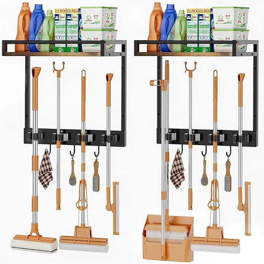 Broom Holder Wall Mount with Shelf Load 66LBS Broom and Mop Organizer Wall Hanging Broom Hanger with 4 Mop Hanger Grippers, 3 Hooks for Laundry Room, Garage, Utility Closet, Kitchen, 2 Packs