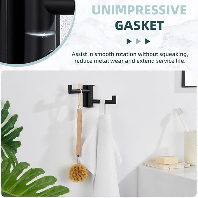 Suyar Matte Black Double Towel Hook, SUS304 Stainless Steel Bathroom Robe Coat Hook with 2 Swivel Arms, Rotating Towel Holder for Kitchen RV Storage, Wall Mounted