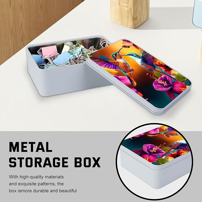 Metal Tin Box with Lid for Game Cards Home Organizer Candles Keys Crafts Storage - Equipped with 4 Magnetic Cord Clips，Hummingbirds and flowers