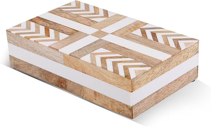 Handicrafts Home White Decorative Storage Box with Lid Wood Remote Control Box Coffee Table Storage Box Remote Holder for Living Room Decor â Resin Inlay Patisserie Adorn Collection- 8x5x2