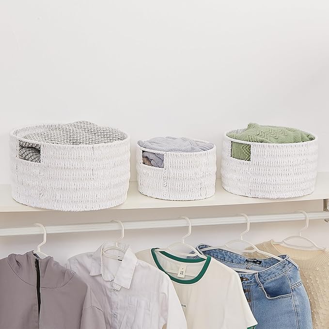 Vagusicc Wicker Storage Basket, Hand-Woven Paper Rope Large Round Woven Basket With Handles, Wicker Baskets for Organizing/Storage, White, 3-Pack