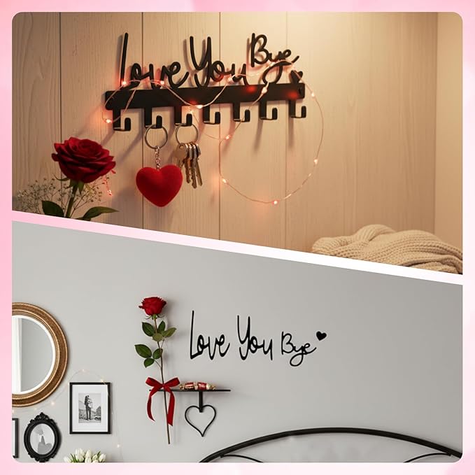Valentines Key Holder Wall Mount, Love You Bye Key Holder for Wall, Key Holder Hook Rack Organizer Hanger with 6 Hooks for Entryway, Front Door, Hallway, Living Room (Love You Bye Artistic)