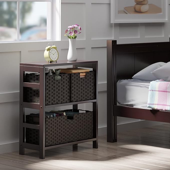 Winsome Leo 2-Tier Wide Storage Shelf with 3 Foldable Woven Baskets, for Living Room, Home Office, Bedroom, Espresso