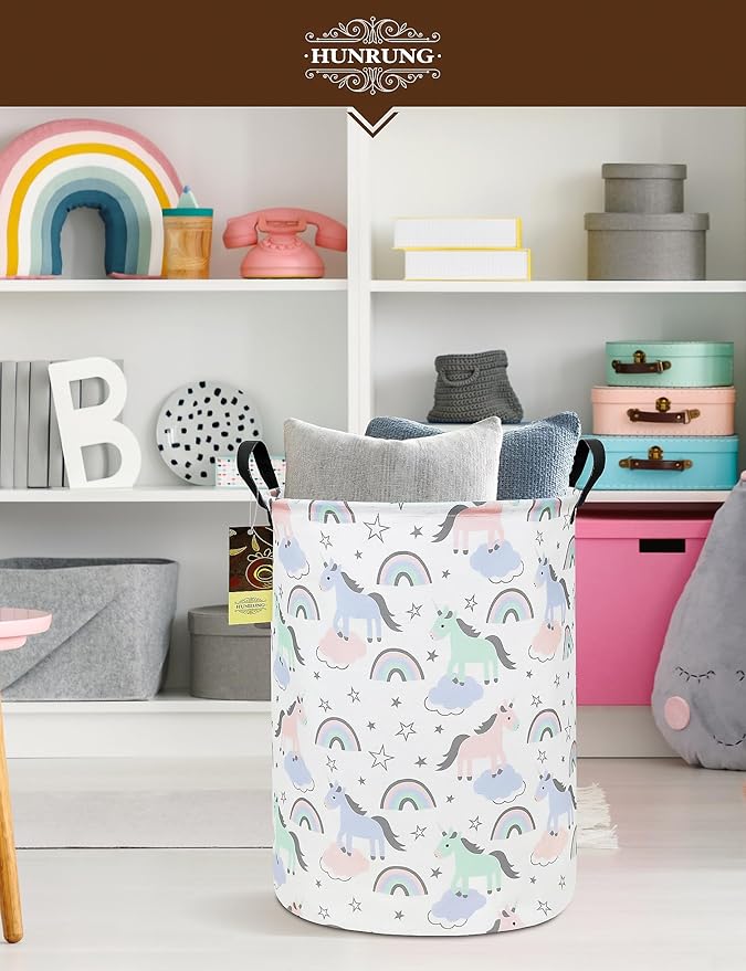 HUNRUNG Laundry Hamper,Large Canvas Fabric Lightweight Storage Basket Toy Organizer Dirty Clothes Collapsible Waterproof for College Dormsï¼Round-Star Unicornï¼