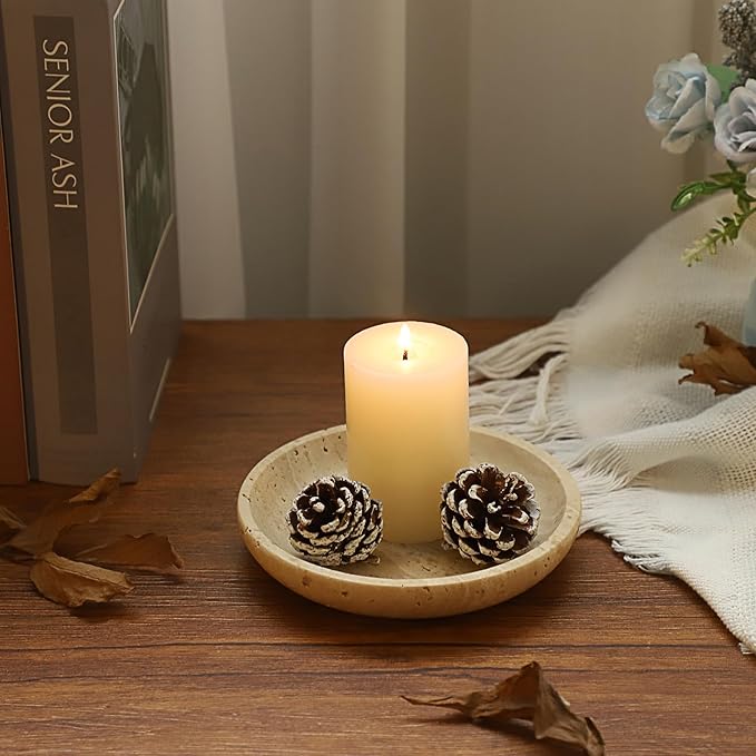 Hipiwe Small Key Bowl for Entryway, 5.5" Round Decorative Ring Holder Dish Natural Travertine Stone Trinket Tray Jewelry Dish Plate Candle Tray for Earring Necklaces Home Decor