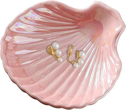 3.9" Shell-Shaped Ceramic Ring Dish - Pink Iridescent Surface Jewelry Tray, Decorative Trinket Organizer for Rings, Earrings, Necklaces & Keys - Ideal for Mom, Friend, Sister
