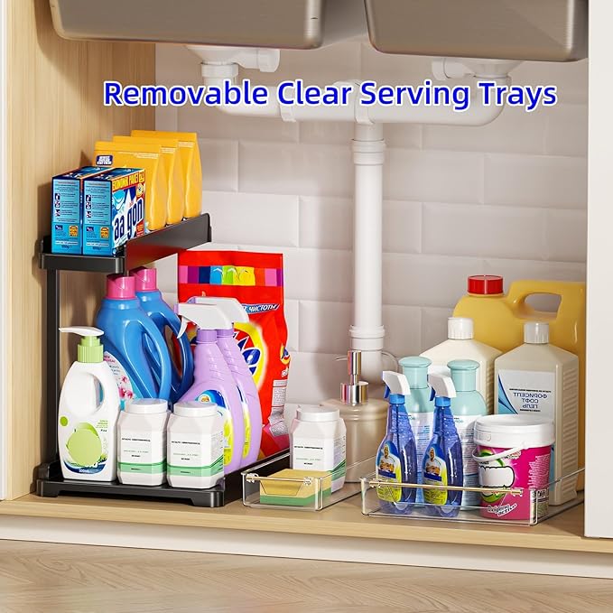 heart & home 2-Pack Under Sink Storage Organizer for Kitchen & Bathroom Cabinets with Removable Washable Tray, Tool-Free Assembly â Multi-Purpose for Vanity, Laundry & Countertop, Black