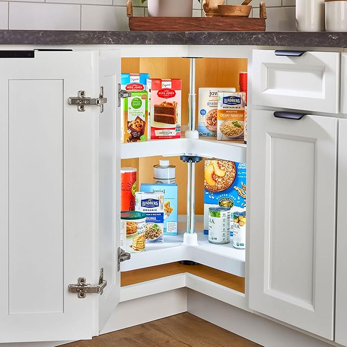 Rev-A-Shelf 2 Tier Kidney Cut Lazy Susan for Corner Base Cabinets, Plastic, 28" Double Shelf Swivel Kitchen Spice/Can Organizer, White, 3472-28-11-52