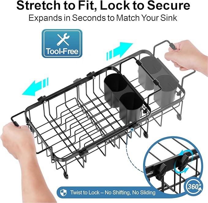 iSPECLE Small Sink Dish Drying Rack, 9" W Expandable Compact Rust Resistant Dish Drainer for RV Apartment Kitchen, Dish Rack with Lock Knob, Arms with Non Slip Rubber, Black