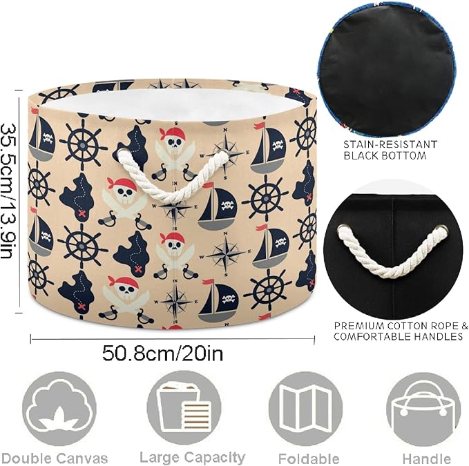 visesunny Collapsible Large Capacity Basket Vintage Pirate Skull Clothes Toy Storage Hamper with Durable Cotton Handles Home Organizer Solution for Bathroom, Bedroom, Nursery, Laundry,Closet