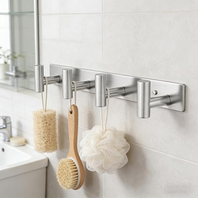 HUFEEOH T-Shaped Stainless Steel Coat Rack Wall Mount - 4 Heavy Duty Hooks for Bathroom, Mudroom Entryway, Durable Purse Hanger & Towel Rack