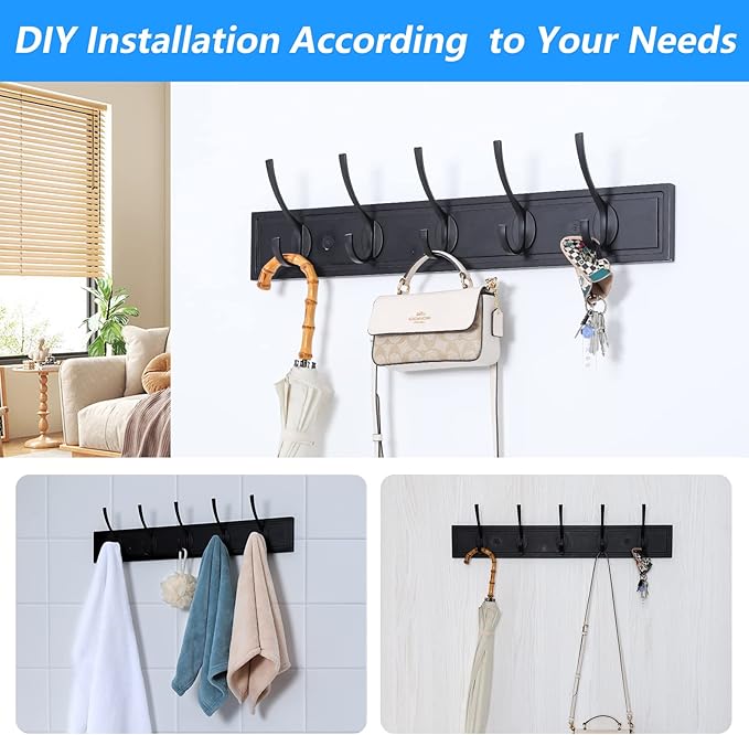 HOME MASTER HARDWARE Coat Rack Wall Mount Black, MDF Wall Mounted Coat Hooks for Hanging Coats, 27" Decorative Hat Rack for Wall with 5 Hooks