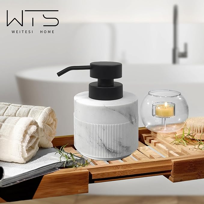 12.5oz Resin Soap Dispenser for Bathroom Countertop, Refillable Hand Soap Lotion Dispenser with Rust Proof Pump for Kitchen Countertop, Easy-to-Press, Marble White