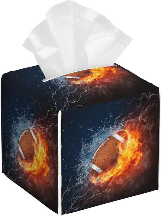 American Football in Fire and Water Tissue Box Cover Leather Tissue Box Holder Square Facial Paper Organizer Dispenser for Bathroom Kitchen Bedroom Vanity Countertop Night Stands