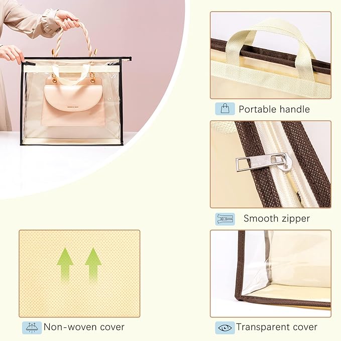 CINPIUK 10 Set Handbag Storage Organizer Dust Bags for Purses Handbags Closet, Clear Purse Protector Storage Bag Dust Cover for Bags, Closet Organizer for Handbags with Hooks