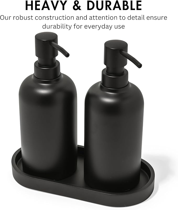 Matte Black Round Soap Dispenser Set with Tray for Kitchen, Countertop & Bathroom – 2 Pack 15 oz Refillable Resin Pump Bottle for Dish Soap, Hand Soap, Shampoo, Conditioner – Non-Slip Protective Pads