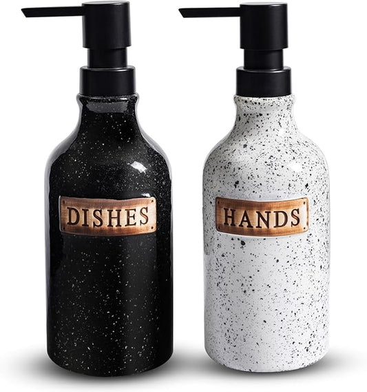 Hand and Dish Dispenser for Kitchen Sink, Ceramic Soap Dispenser Bathroom Countertop, 18 OZ Vintage Handwash Liquid Pump Dispenser for Bathroom Farmhouse Vintage Kitchen Decor