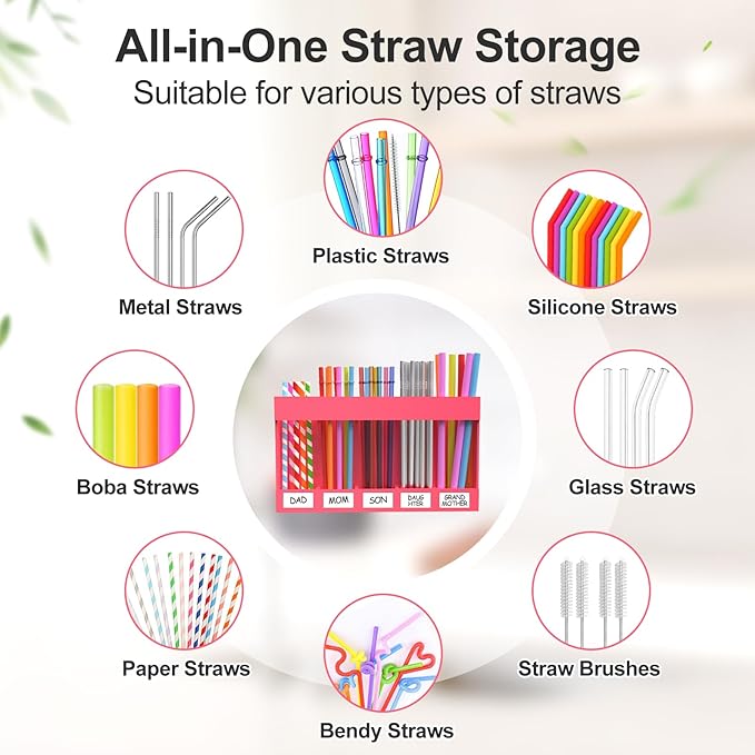 2 Pack 9.5” Large Acrylic Straw Holder for Cabinet Door with Detachable Ultra Sticky Adhesive Squares and Stickers, 2026 Reusable Straws Organizer Storage Dispenser for Kitchen Counter Cupboard