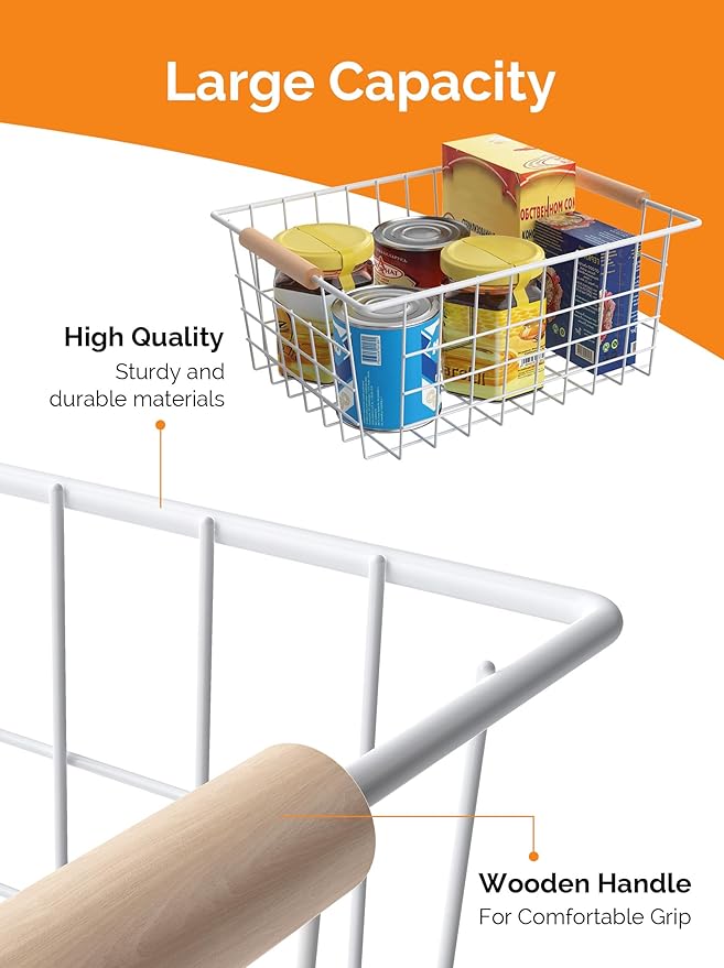 Wire Basket with Wooden Handle, Metal Utility Storage Basket for Organizing Kitchen Pantry Cabinets, Closet and Garage Shelves Drawers, Office Metal Basket Storage Organizer with Handle (White 4 Pack)