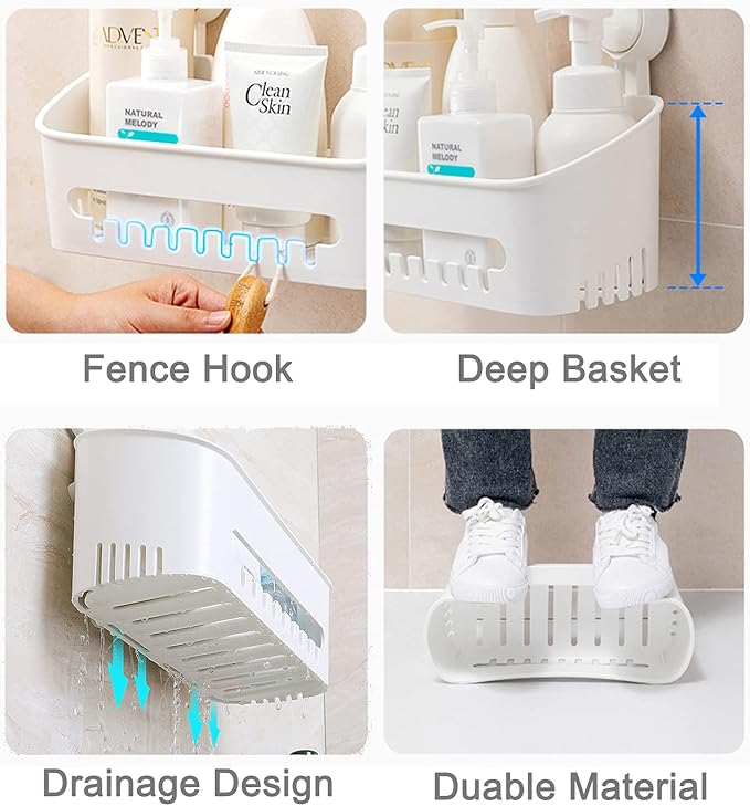 Double Plastic Shower Caddy Suction Cup Shower Organizer Basket Bath Shelf, Strong Suction Power Bathroom Caddies with Fence Hooks, Kitchen Rack, Waterproof, Reusable, for Shampoo, Gel