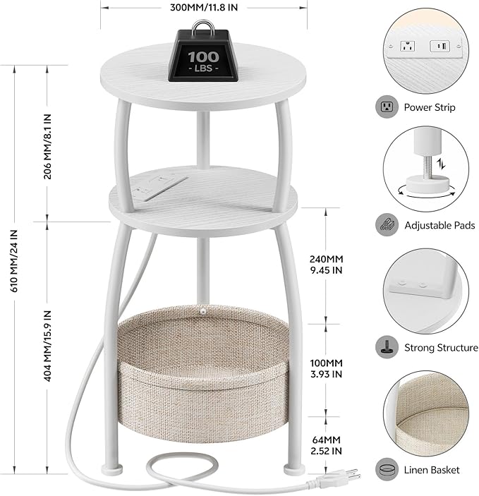 Round Side Table, 3-Tier End Table with Power Outlets, Small Table with Storage Basket, Coffee Table Sofa Side Table for Small Spaces, Nightstand for Living Room Bedroom 11.81in Matte White