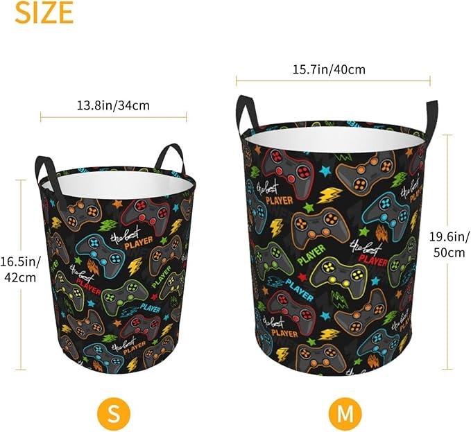 Video Game Controller Round Laundry Hamper Gaming Joysticks Storage Basket Toys Clothes Organizer Bin For Home Bathroom Bedroom Dorm Nursery, 38l