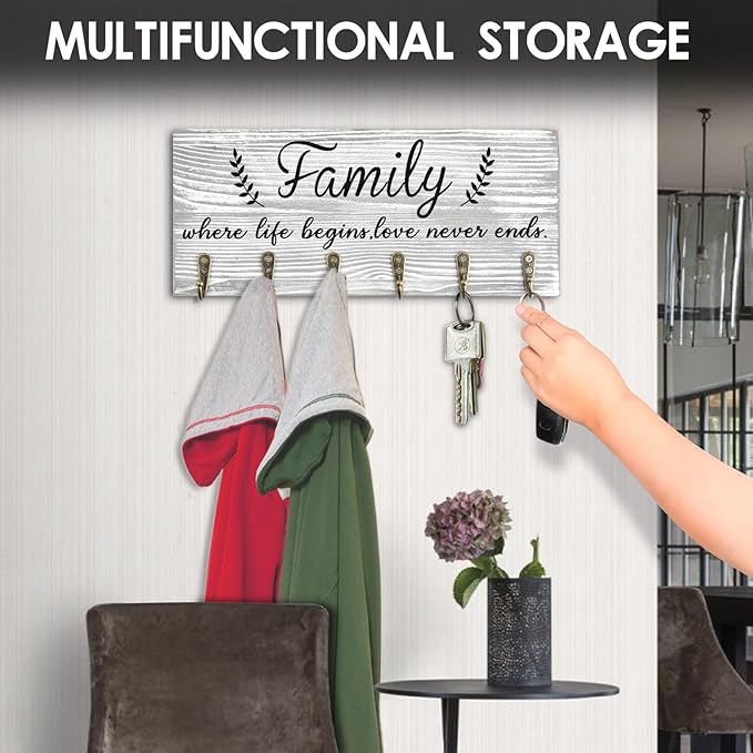 AHYS Key Holder Wall Mount Rustic Wooden Key Rack with 6 Hooks for Farmhouse Home Entryway Living Room Decor - Light Grey