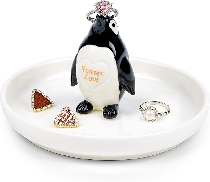 PUDDING CABIN Penguin Gifts for Women Ring Holder Dish Forever Love Jewelry Holder for Rings, Earrings, Necklaces - Engagement Anniversary Birthday Mothers Day Gift for Mom, Wife, Girlfriend