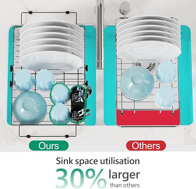 GSlife Expandable Over the Sink Dish Drying Rack with Silicone Drying Mat - Stainless Steel Dish Drainer with Locking Knob, Size Adjustable Dryer Strainer for Kitchen, 12.8" W x 10.8"-17.9" L, Silver