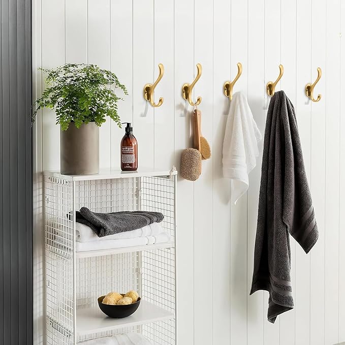 khtumeware 2 Pack Brushed Gold Coat Hooks Wall Mount Heavy Duty Utility Retro Double Hooks for Hanging Coats,Hat, Towel, Key, Robe, Scarf, Bag, Cap (Brushed Gold)